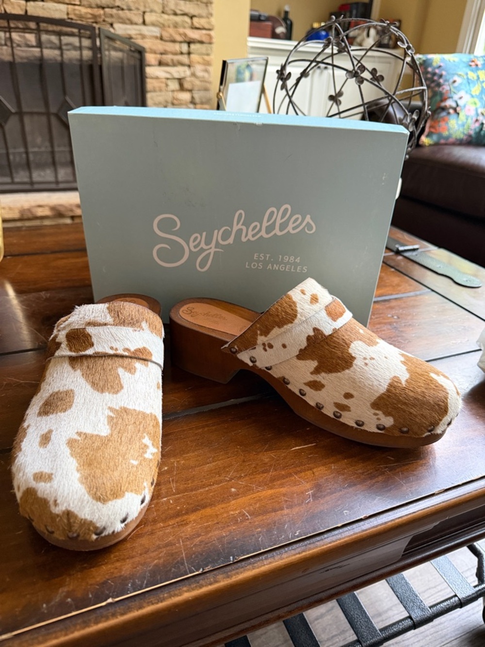 Seychelles Loud & Clear Brown Cow (real fur) Clogs